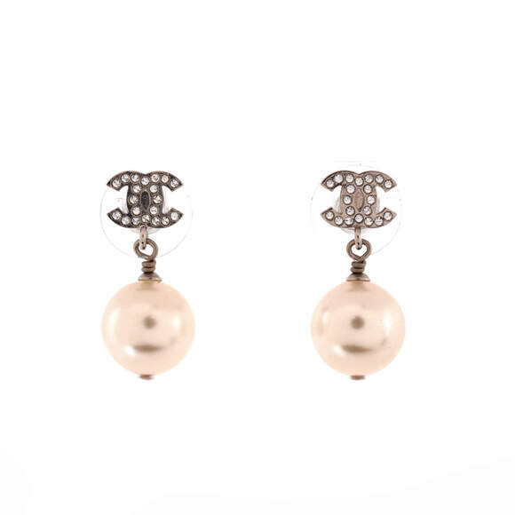 Chanel CC Pearl Drop Earrings Faux Pearl and Metal with Crystals